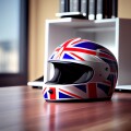 Red racing helmet with Union Flag (Jack) for motorbike scooters, sports and touring car driver in modern white office.