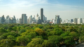Public park and high-rise buildings cityscape in metropolis city center