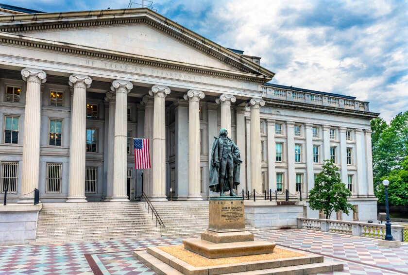 Albert Gallatin Statue US Flag US Treasury Department Washington