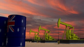 Nice pumpjack oil extraction and cloudy sky in sunset with the AUSTRALIA flag on oil barrels 3D rendering