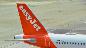 London, England, UK - 1 August 2023: Tail fin of an Airbus A320 passenger jet operated by budget airline easyjet (registration G-EJCD) at London Gatwick airport