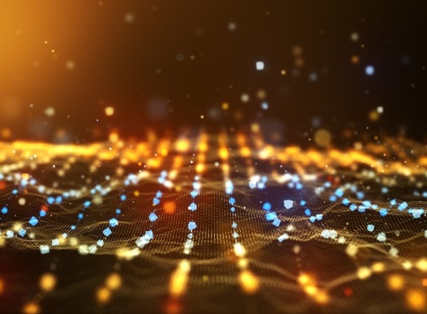 Glow golden digital landscape with cube particle. Crypto currenc