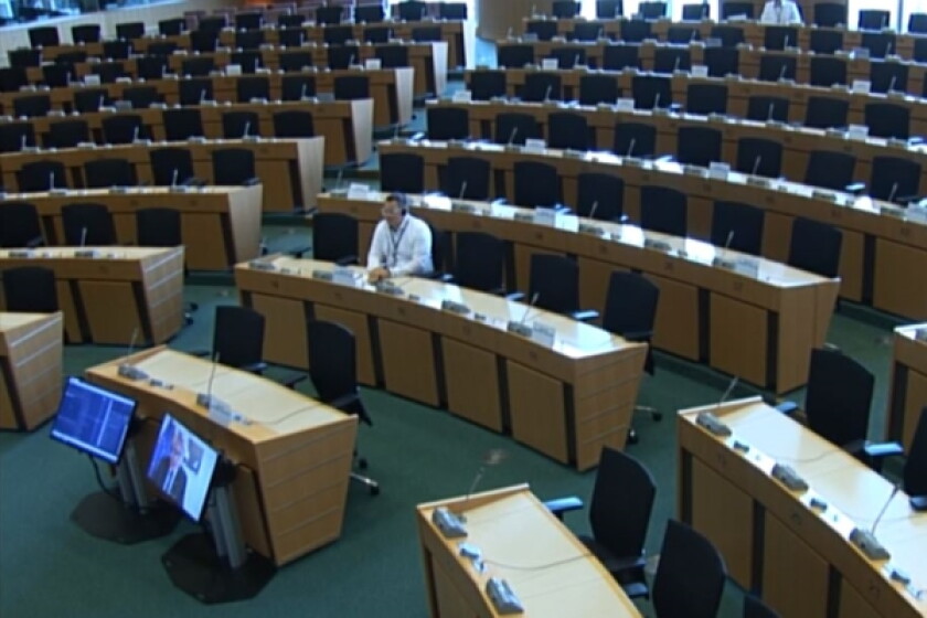 Commissioner Thierry Breton addresses the European Parliament's JURI committee by video conference.   