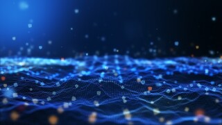 Glow blue digital landscape with cube particle. Crypto currency,