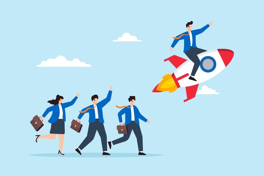 Flat illustration of business leader pointing direction riding rocket guiding team success innovation startup boost partnership productivity