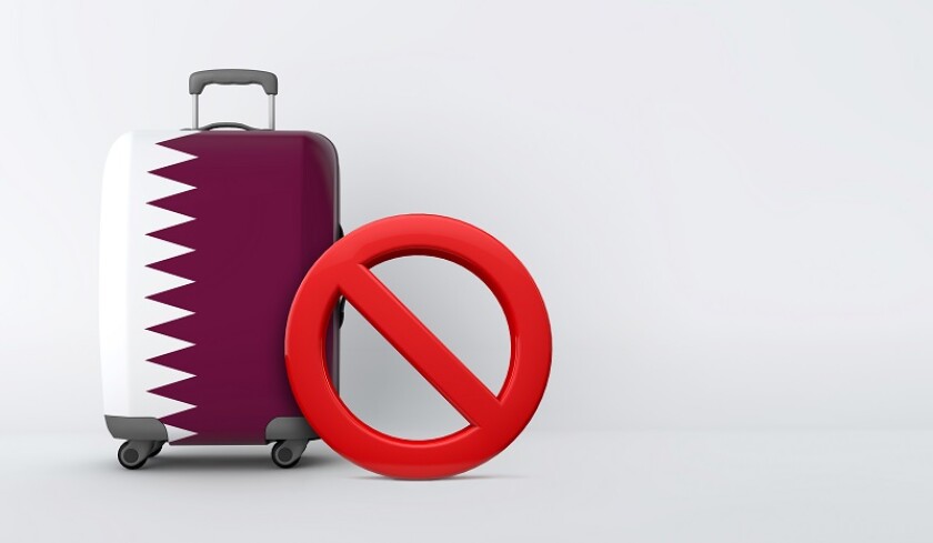 Qatar flag suitcase with no entry sign. Travel ban concept. 3D Render