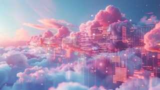 A 3D render of a personalized cloud ecosystem, visualizing an individuals data, preferences, and applications floating in a private cloud