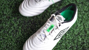 Thailand - 26 September 2023 : Umbro sport brand is release the new football shoe "Tocco III" which is design for control and touch performance which is made from soft leather. Close-up.