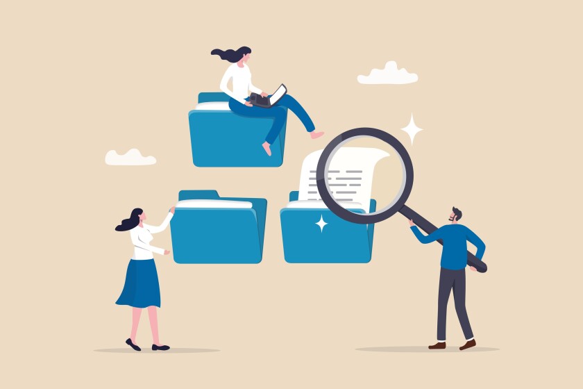 Document, content or research paper, documentation file folder storage, report or paperwork, search or file archive, office contract concept, business people working with paper document file folder.