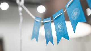 A garland of International Intellectual Property Organization national flags on an abstract blurred background