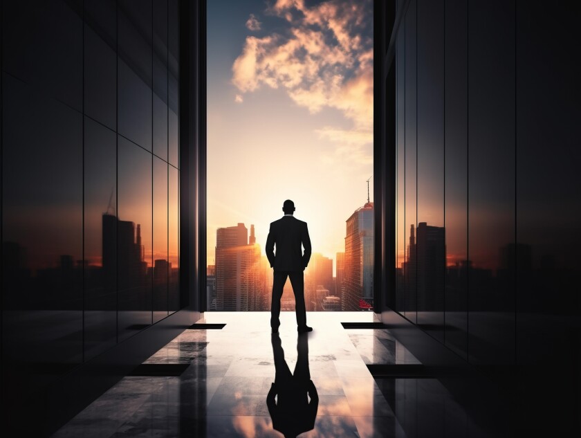 Silhouette of business man following his ambitions, Generative Ai illustration