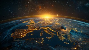 View of Europe at night from space with city lights showing human activity in Germany, France, Spain, Italy, and other countries. NASA elements and 3D rendering.