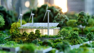 Green energy project model with wind turbines and solar panels for sustainable investing