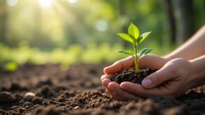 Hands Holding a Young Plant in Healthy Soil