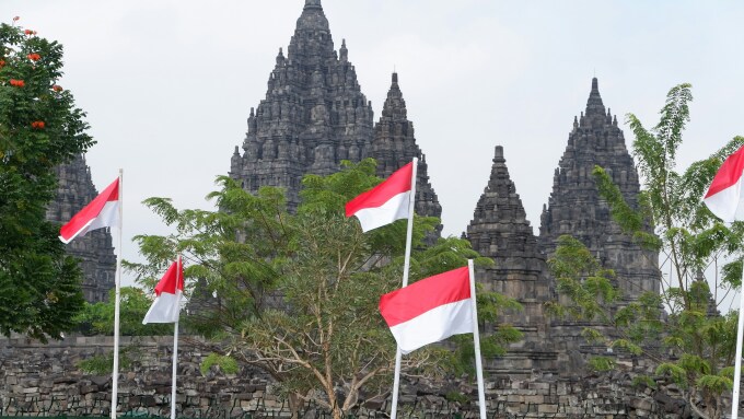 Indonesia flags in front of Prambanan Temple