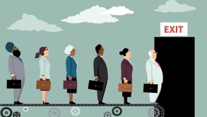 Employees on a conveyor belt leaving their jobs as a metaphor for great resignation, EPS 8 vector illustration