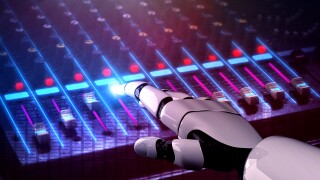 3D rendering robot disc jockey hand at dj mixer close up view in nightclub during party. EDM, entertainment, party concept.