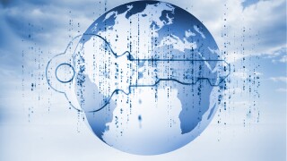 Digital blue key with matrix and a planet with blue sky on the background