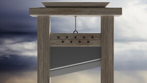 Guillotine against cloudy sky background. 3d illustration