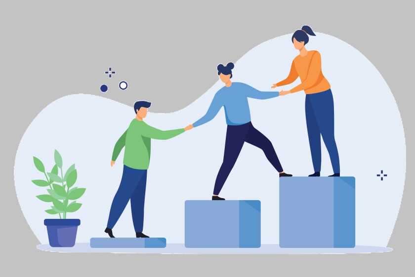 Teamwork, mentorship and cooperation concept. Employees giving hands and helping colleagues to walk upstairs. Vector illustration.