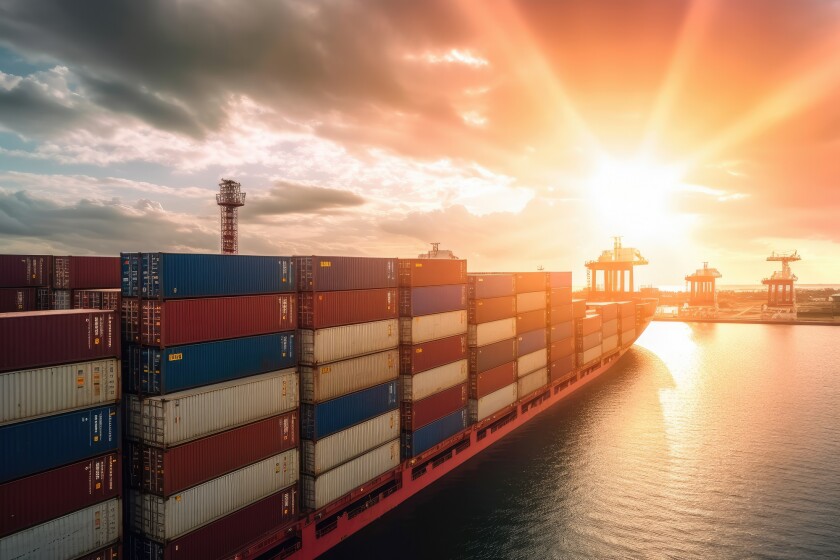 Container ship carrying container box in import export with quay