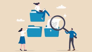 Document, content or research paper, documentation file folder storage, report or paperwork, search or file archive, office contract concept, business people working with paper document file folder.