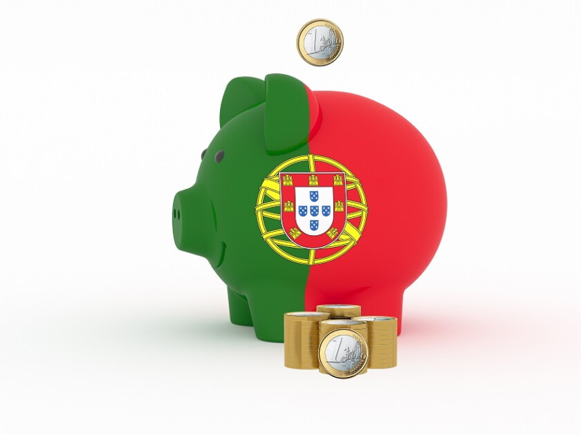 Finance, saving money, piggy bank on white background. Portugal flag. 3d illustration.