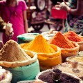 Traditional spices and dry fruits in local bazaar in India. 