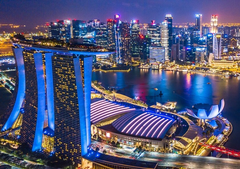 Aerial top view Singapore city skyline.