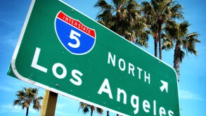 Los Angeles freeway sign with palm trees