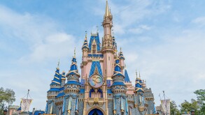 Cinderella Castle in the new pink and blue paint