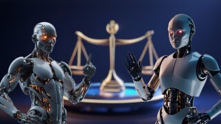 Two robots arguing against a backdrop of scales of justice