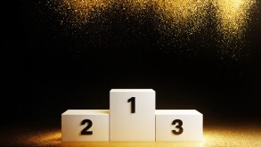 Empty Winners podium with 3 places. Luxury background with golden confetti