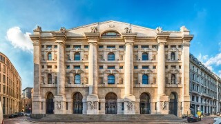 Facade of Palazzo Mezzanotte, stock exchange building in Milan, Italy