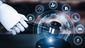 AI related law concept shown by savvy robot hand using lawyer working tools