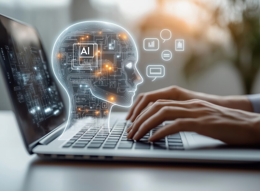 Person uses laptop interacting with AI virtual assistant. AI head graphic overlay laptop keyboard. Concept of AI prompt engineering, LLM. Person types on keyboard to communicate with virtual