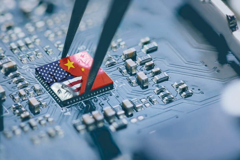 Flag of USA and China on a processor, CPU or GPU microchip on a 