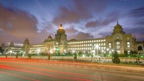 Iconic Vidhana Soudha , Landmark of Bangalore, Karnataka, India during a beautiful sunset. Bangalore cityscape .Government building. Commercial & Technology Hub . Modern Bengaluru city. Pub culture