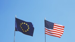 flags of Europe and United States of America next to each other