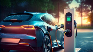 Electric car charging at a gas station in the city, industrial landscape, neon elements, healthy environment without harmful emissions. Eco concept. generative AI