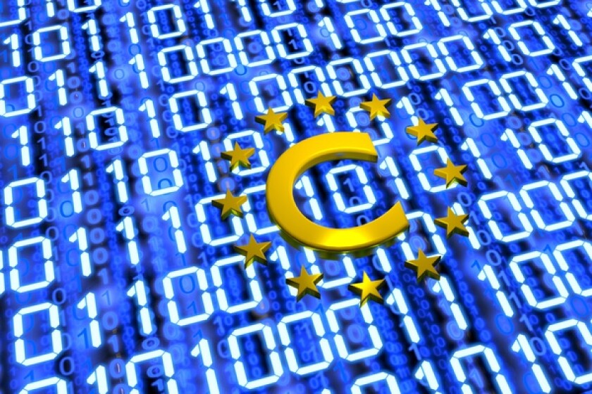 EU Copyright sumbol on blue digital glowing floor