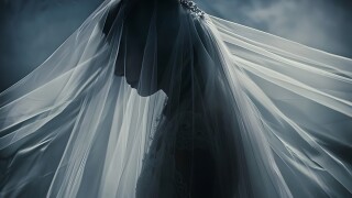 Studio photo of a wedding veil moving, shadow black background