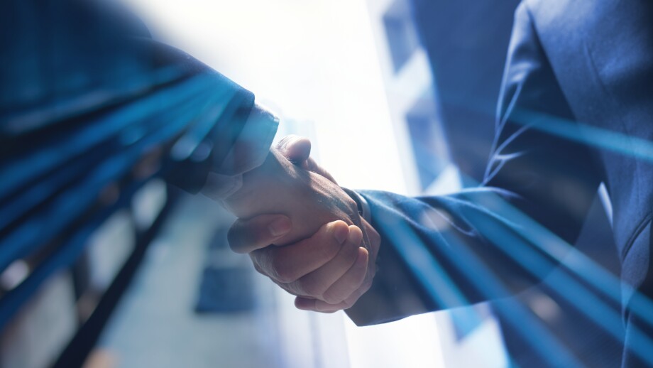 Businessmen making handshake with partner, greeting, dealing, me