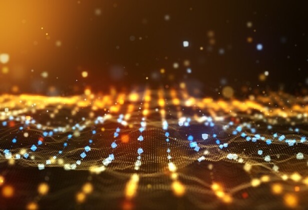 Glow golden digital landscape with cube particle. Crypto currenc