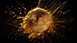 Gold bitcoin symbol on black background. Bitcoin coins splashing
