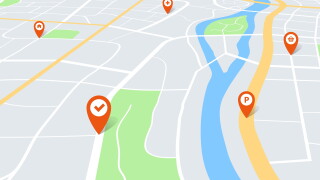 City map with pins. Color cartography town plan in perspective with red navigation pointers on route. Urban tourism vector concept
