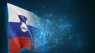 Slovenia,  vector flag, virtual abstract 3D object from triangular polygons on a blue background