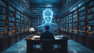 Holographic AI lawyers provide legal assistance in a futuristic library setting