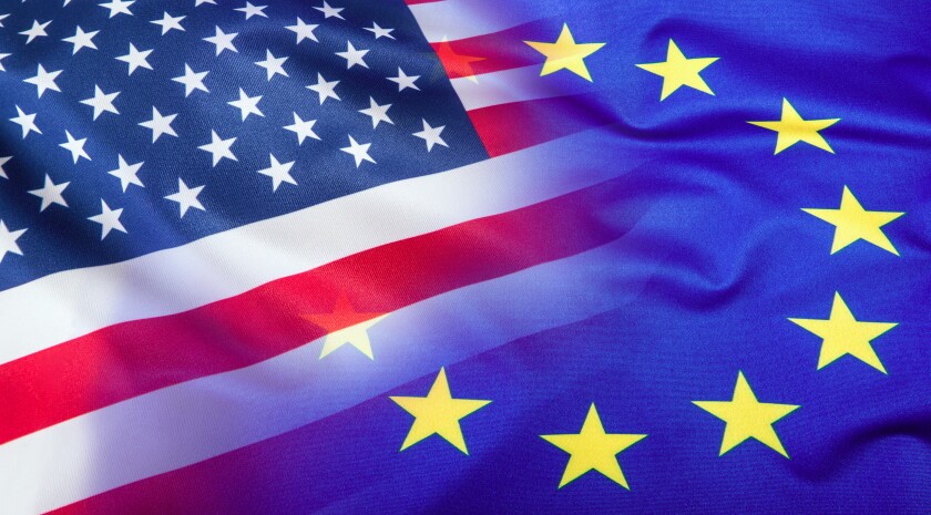 Flags of the USA and the European Union. American Flag and EU Flag. Flag inside stars. World flag concept
