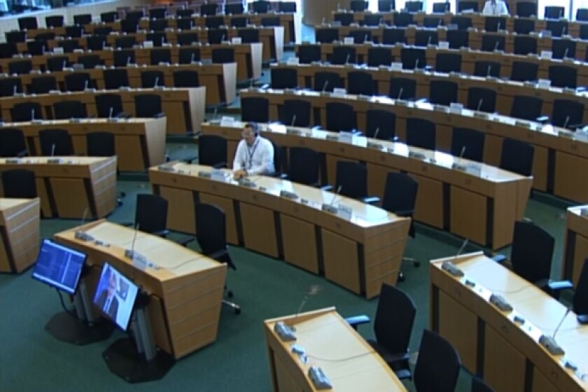 Commissioner Thierry Breton addresses the European Parliament's JURI committee by video conference.   
